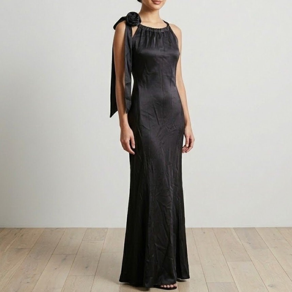 Jacob Maxi Dress Womens 1 / 2 Black Satin Halter Formal Evening Gown Grad Event